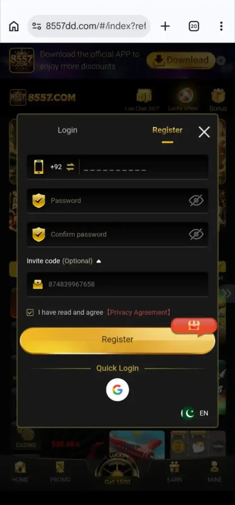 8557 Game APK Login and Registration
